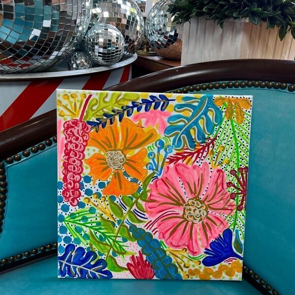 Funky Custom Neon Fluorescent Hand Painted Jungle Flowers Canvas Painting - Picture 1 of 3